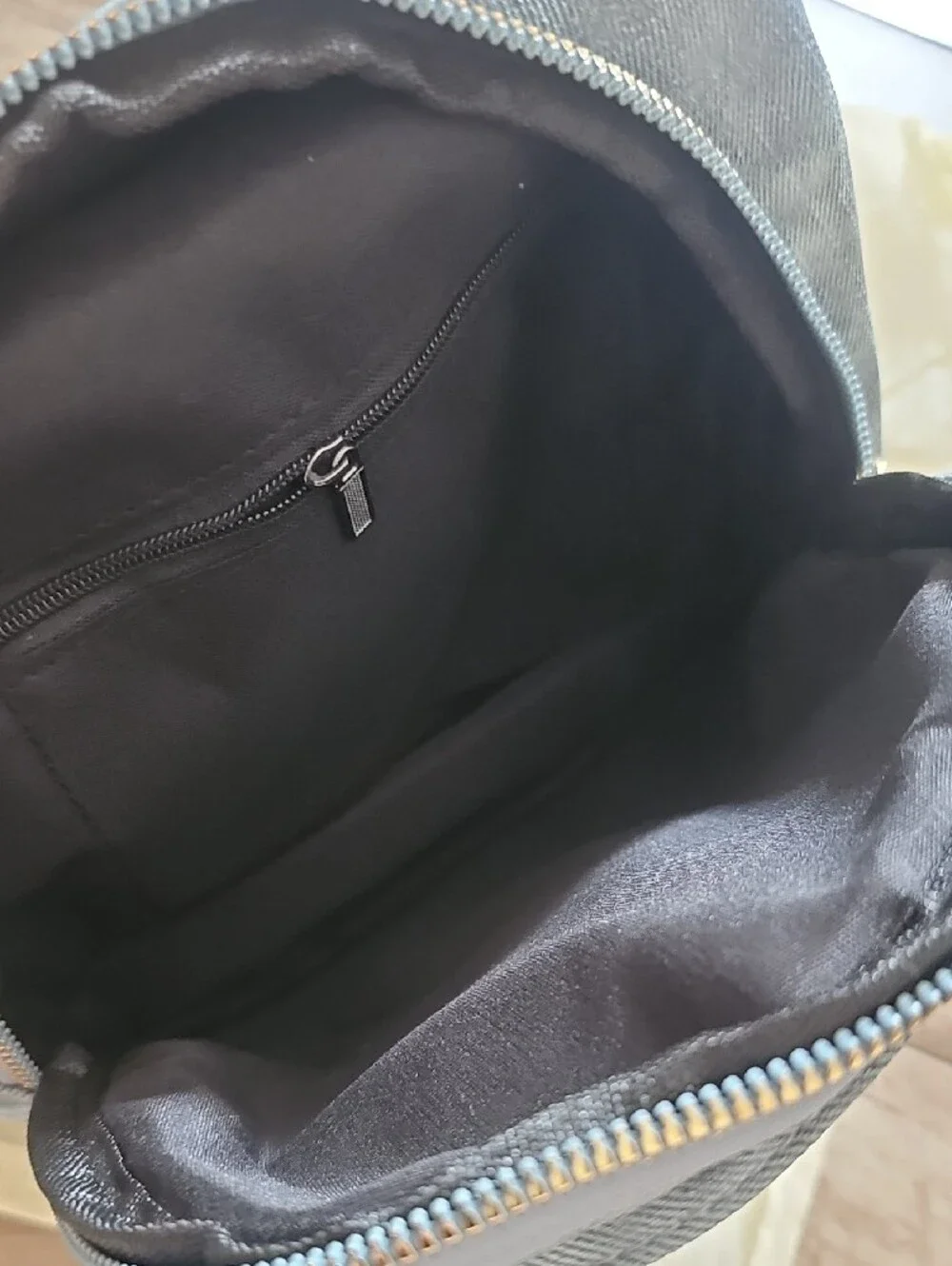 Light Blue Denim Mini Backpack with Gold Zippers